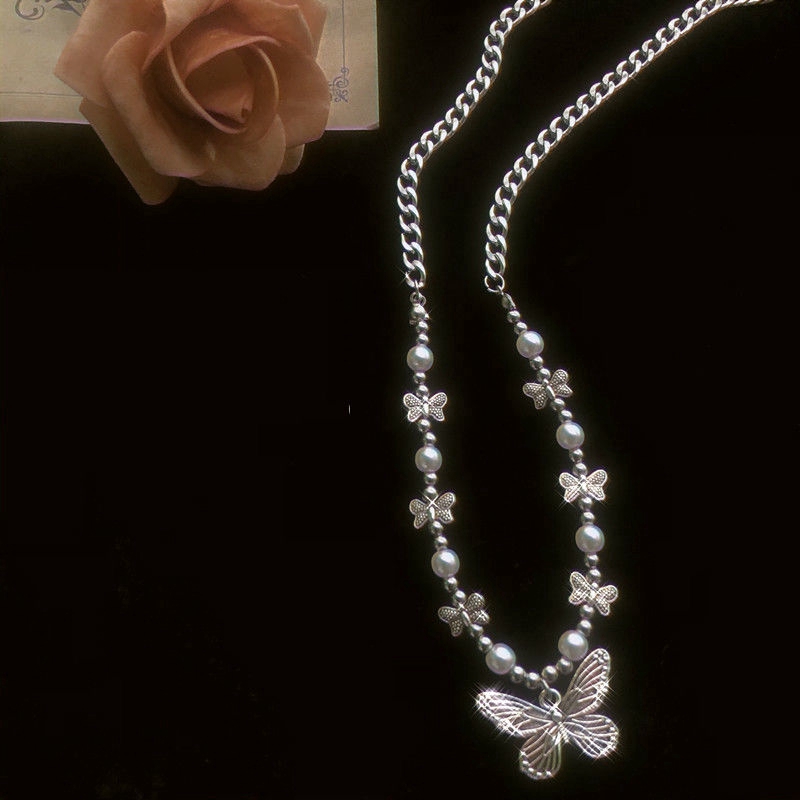 Dây Chuyền Mặt Bướm Đính Ngọc Trai Phong Cách Hip Hop