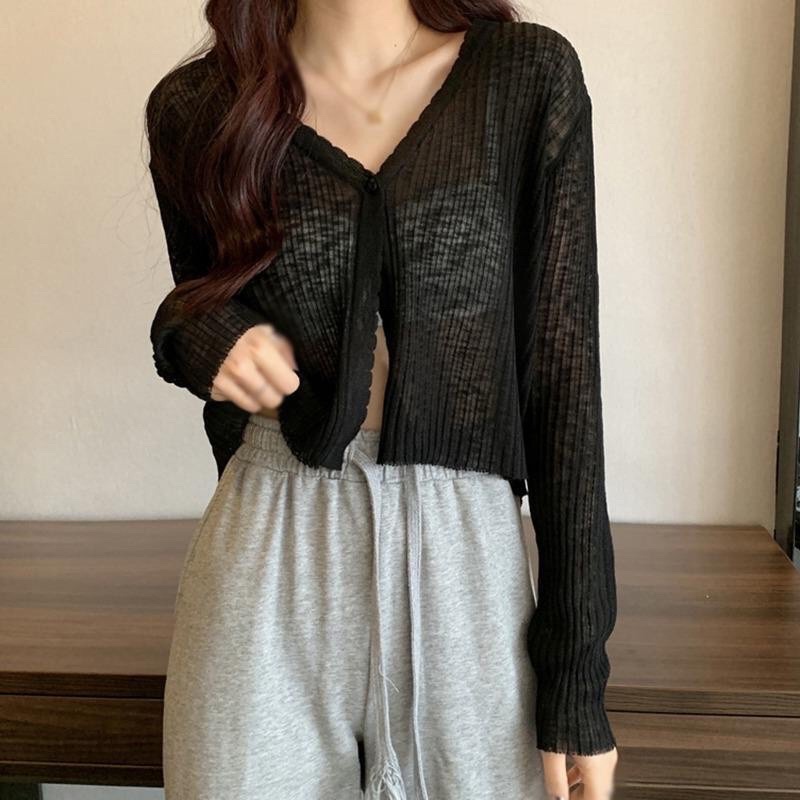 Áo khoác cardigan len mỏng dệt kim dáng croptop cổ V 1 khuy khoác ngoài siêu hot