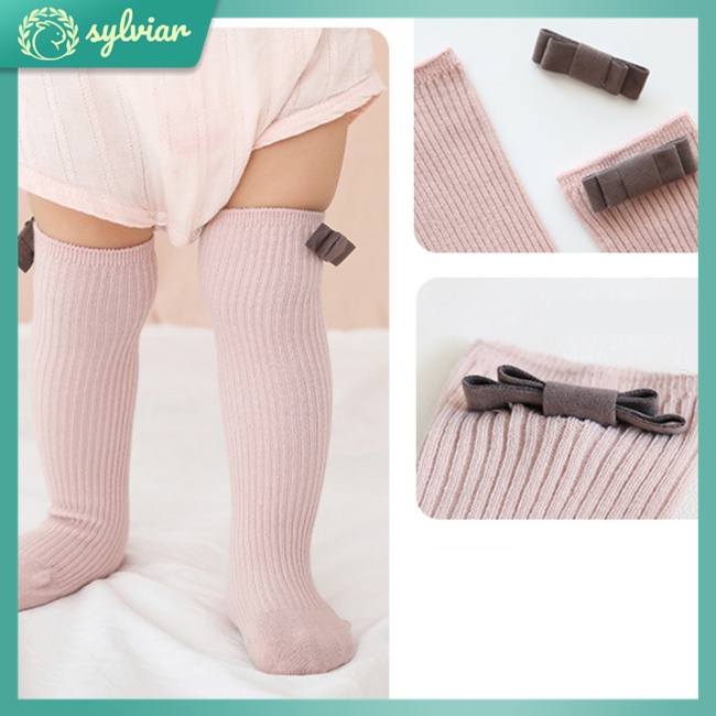 Vớ Dài Trung Bình Vải Lụa Flannel Đính Nơ Thời Trang Xuân Thu Cho Bé Gái