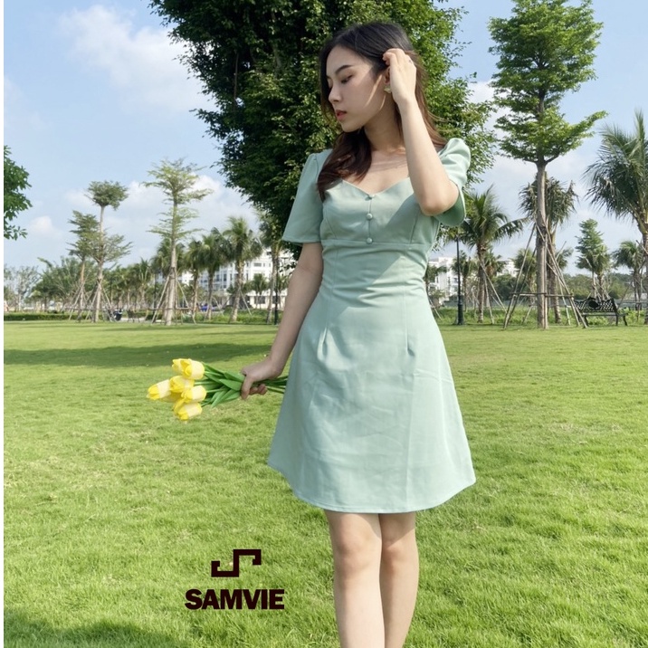 Đầm nữ cổ vuông màu đỏ xanh chất vải dày dặn 2 lớp thiết kế Samvie