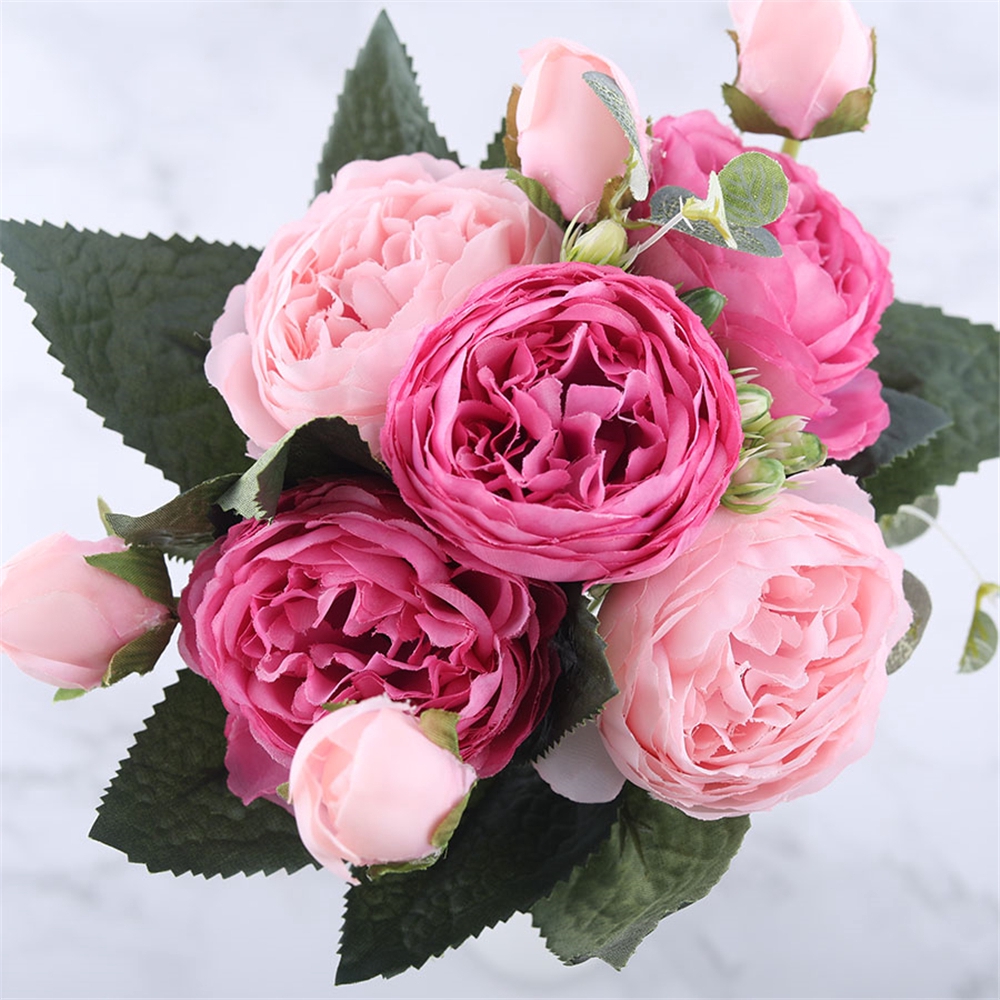 Bó hoa hồng lụa 9 đóa 30cm trang trí phong cách vintage