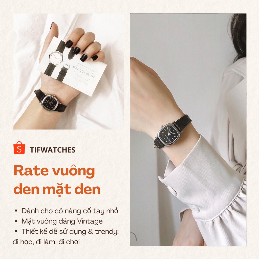 Đồng hồ nữ dây da mặt vuông RATE full black đồng hồ nữ mặt nhỏ chính hãng Watchesbytif size 22mm đẹp giá rẻ chống nước | BigBuy360 - bigbuy360.vn