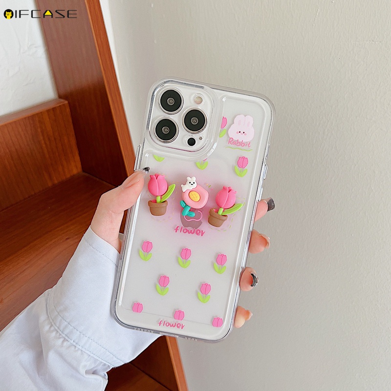 Ốp Điện Thoại Mềm Trong Suốt Họa Tiết Hoa Tulip / Thỏ Màu Hồng Gradient Cho iPhone 13 12 11 Pro Max XS Max XR X 7 8 Plus