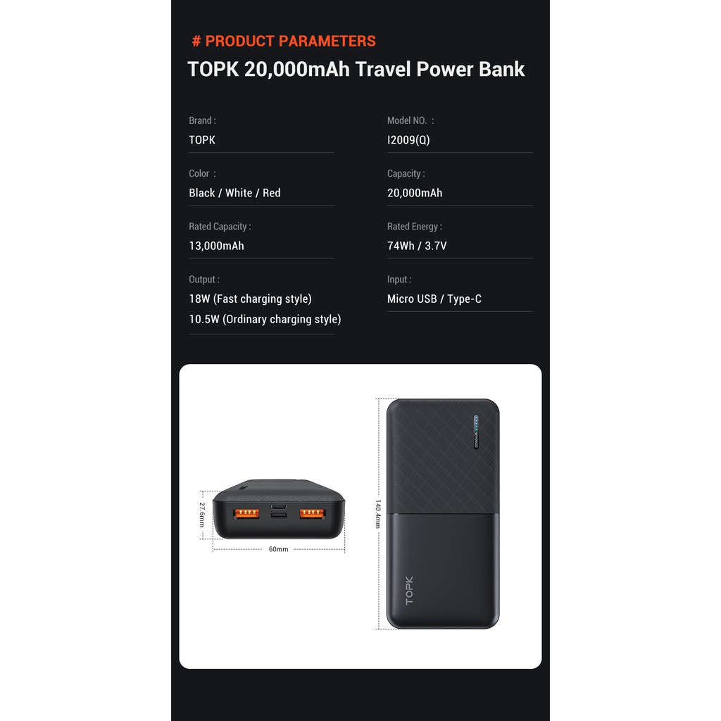 Sạc Dự Phòng cao cấp TOPK I2009Q Sạc Nhanh 2 Cổng USB PD3.0 QC3.0 20000mAh Cho Xiaomi Samsung IPhone