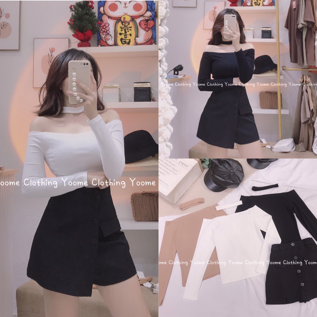 Áo trễ vai tay dài cổ choker tháo rời chất cottonzip dày dặn co giãn đa chiều Yoomeclothing ( ảnh thật tại shop )