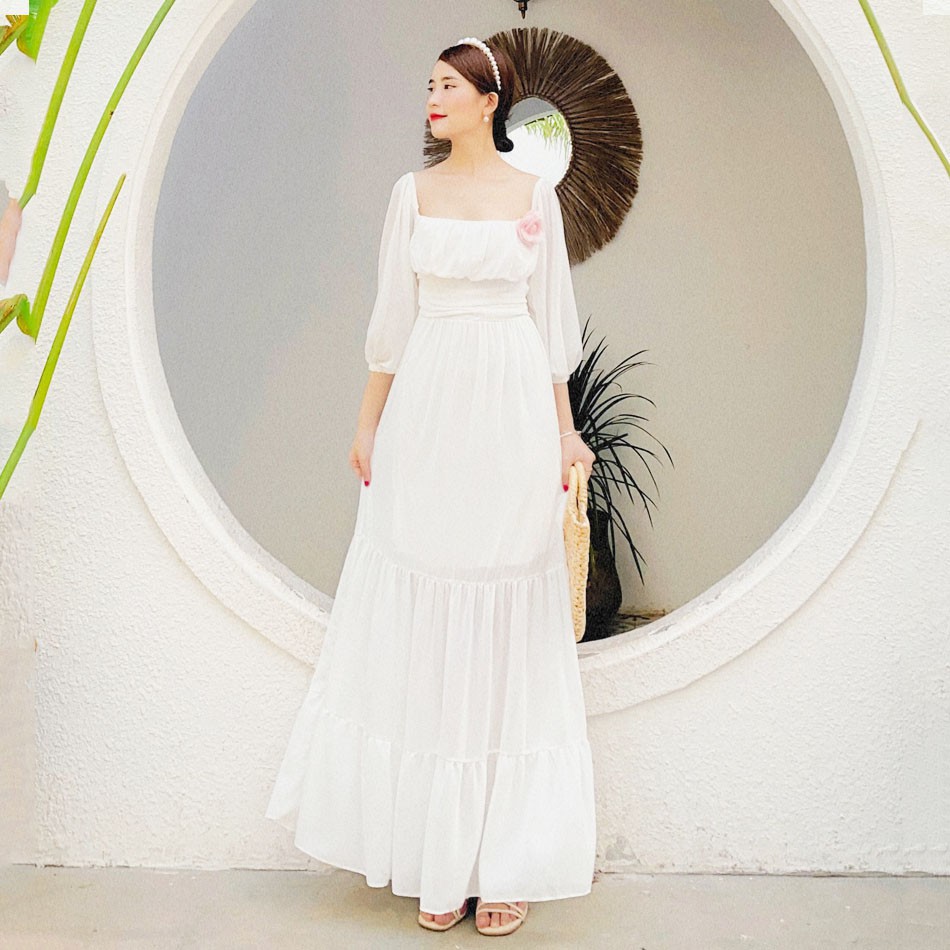 Đầm maxi trơn MIMIX váy tay dài xếp ly ngực sang trọng đi du lịch BE7190 | BigBuy360 - bigbuy360.vn