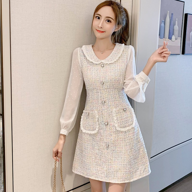 Đầm Vải Tweed Cổ Búp Bê Dáng Ôm Chiết Eo Dễ Thương Xinh Xắn