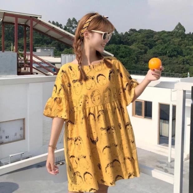 X2 Đầm trắng ngắn xòe BABYDOLL bầu bì in hình họa tiết tay ngắn cổ tròn (kèm hình thật) tasa