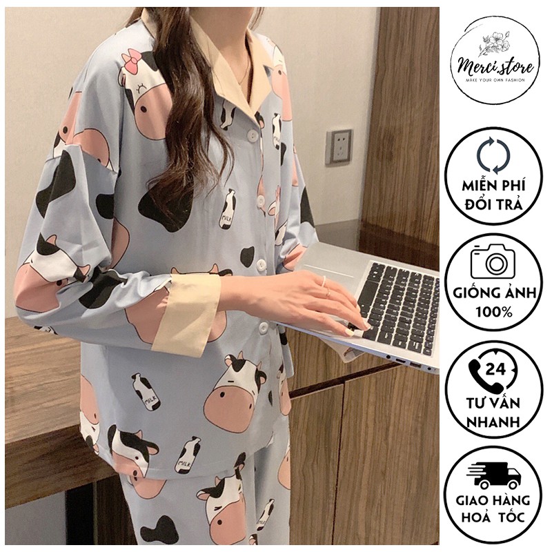 Bộ ngủ bò sữa, pijama, đồ mặc ở nhà dài tay mùa thu đông Hàng Quảng Châu chất mịn đẹp hình bò sữa | BigBuy360 - bigbuy360.vn