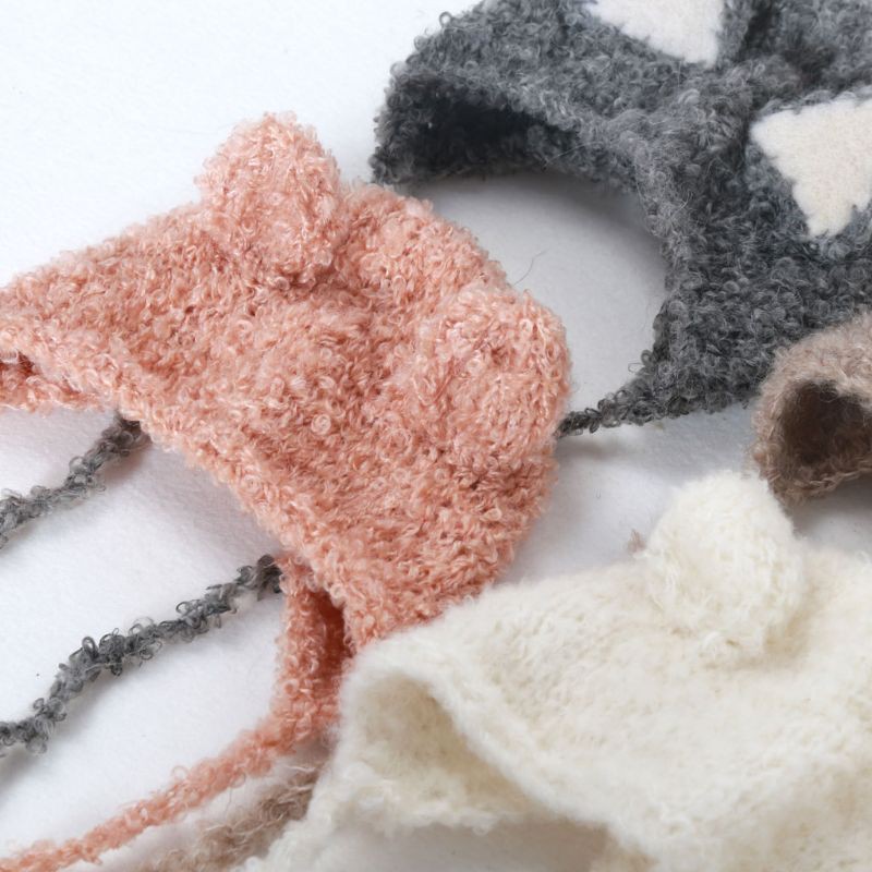 Mũ trùm đầu dệt kim hình tai gấu phụ kiện chụp hình cho bé