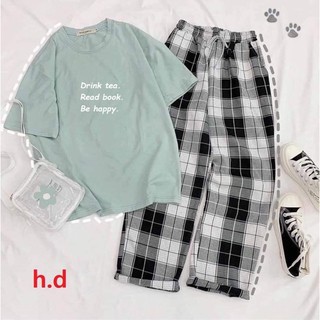 Sét Bộ Áo In Hình Thú Cute Và Quần Kẻ Đẹp Mặc Mùa Hè, Mặc Ở Nhà, Áo Phông Cotton Mát Mịn Phong Cách Hàn Quốc