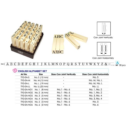 Dấu ráp chữ Toyoda  cao 2mm- 25mm  / No.6- No.LL   Multi Joint Alphabet Rubber Stamp