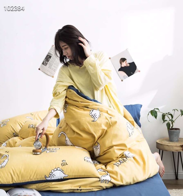 Bộ chăn ga Cotton hoạt tính - Khung long vàng.