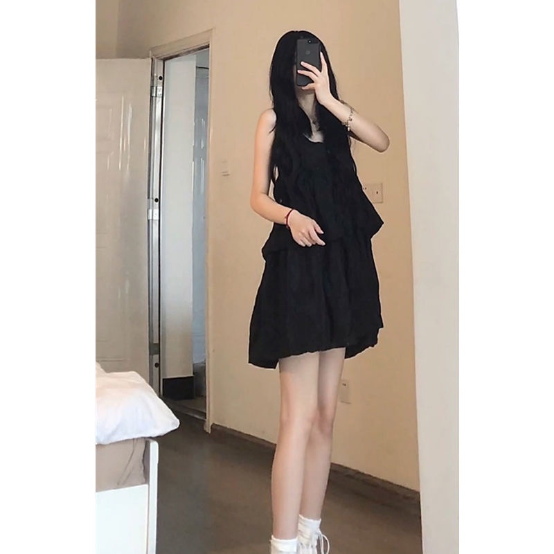 Đầm Hai Dây Dáng Chữ a Eo Cao Cổ Chữ v Phối Bèo Và Chân Váy Chữ a Eo Cao Phong Cách Hàn Quốc Dành Cho Nữ