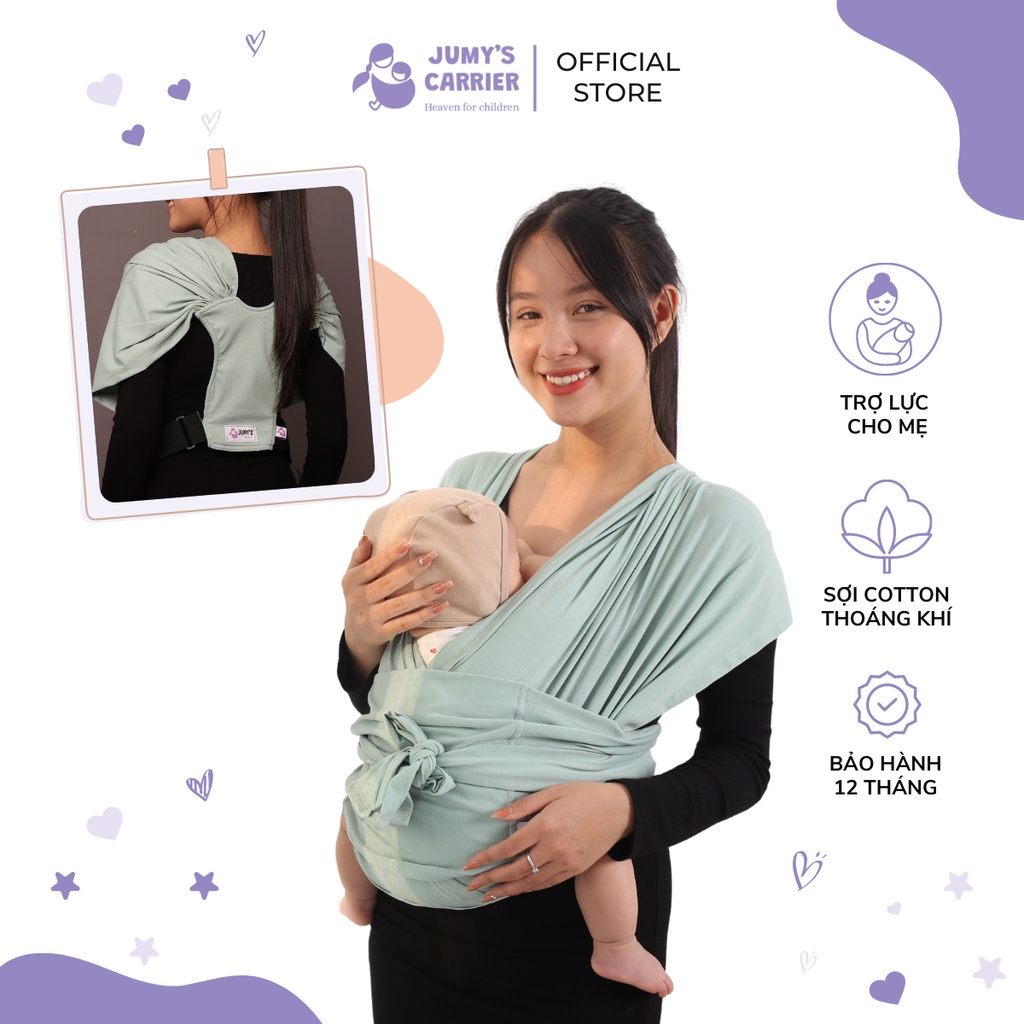 Địu vải cho bé JUMY'S, địu trẻ sơ sinh 10 tư thế với chất vải cotton cao cấp siêu dịu nhẹ, thoáng mát - Màu xanh mint