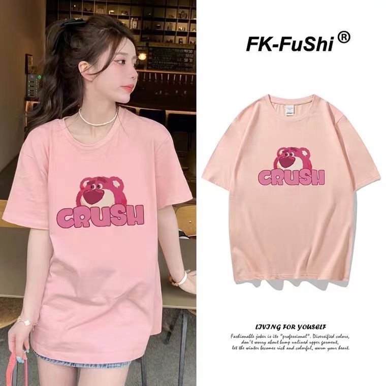 Áo Thun Cotton Tay Lửng Họa Tiết Gấu Và Dâu Tây Dễ Thương Cho Nữ