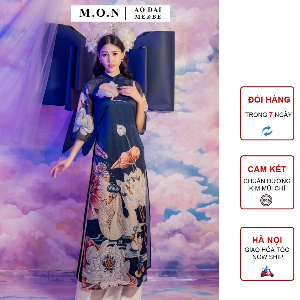 Áo Dài Cách Tân Nữ Thiết Kế Tơ Sen Mềm Mịn Màu Xanh Than