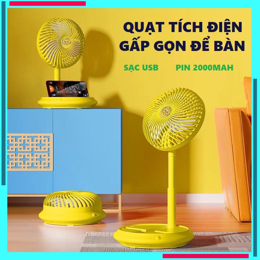 Quạt tích điện để bàn, quạt mini không dây sạc pin USB có 3 tốc độ gió, pin 2000mAh