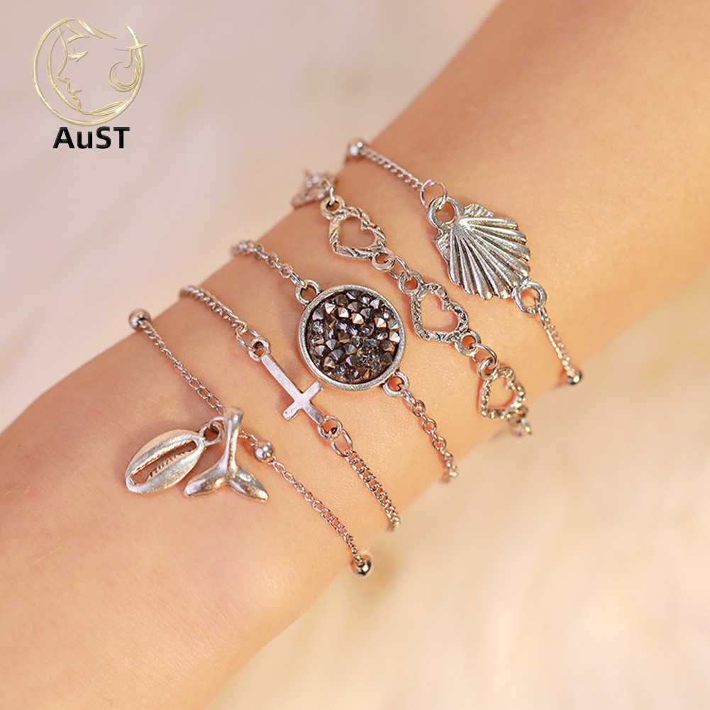 ausbl_5Pcs Heart Cross Shell Bangle Chain Beach Bracelet Wristband Women Party Jewelry