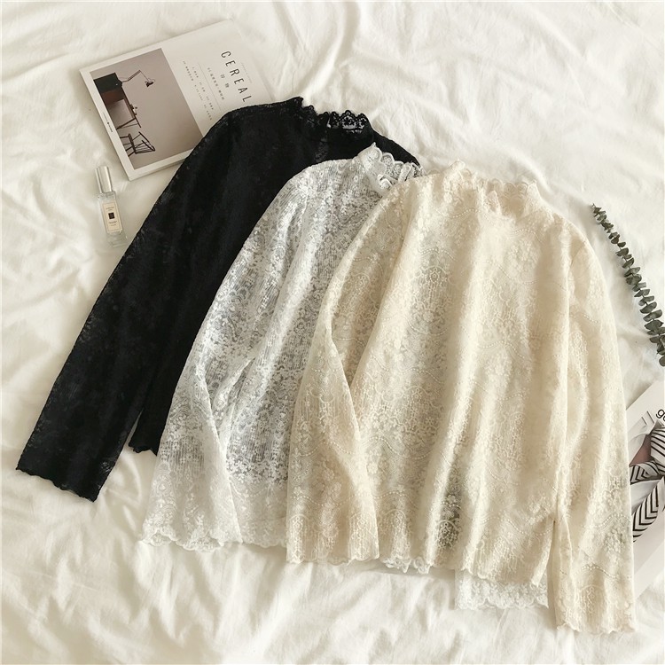 Áo ren thêu hoa cao cổ mặc lót trong ulzzang