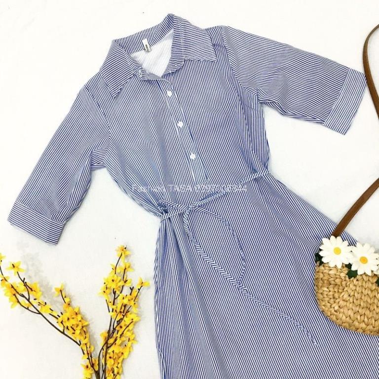 X2 váy sơ mi sọc tà tròn Đầm công sở thắt dây eo tôn dáng