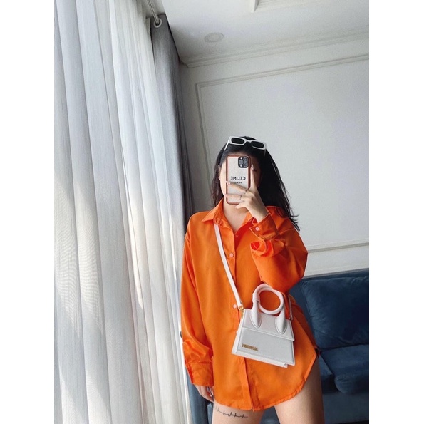Áo sơ mi tuyết nhung cam form rộng