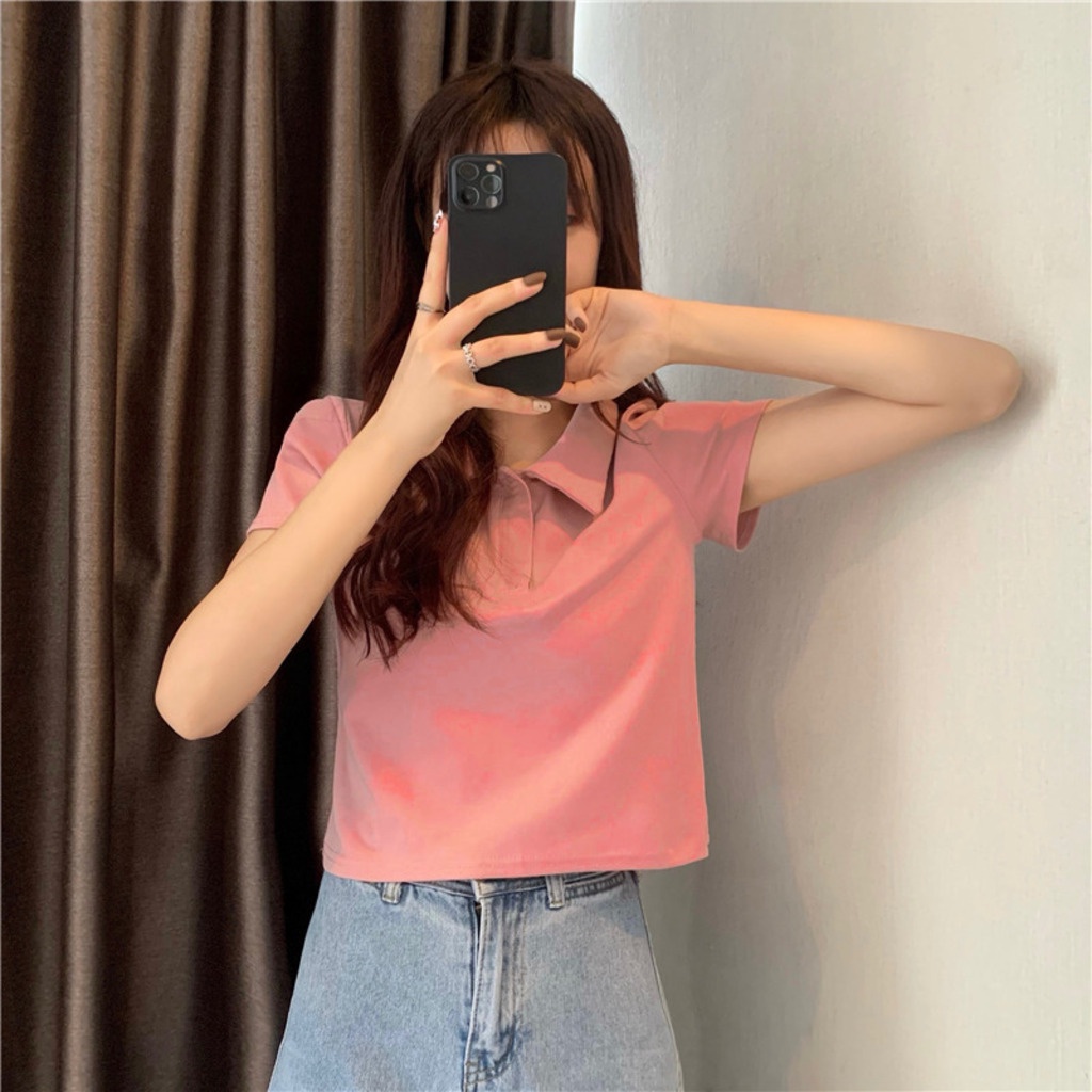 Áo polo croptop nữ tay ngắn có cổ vải cotton co giãn màu hồng Geleva GE932