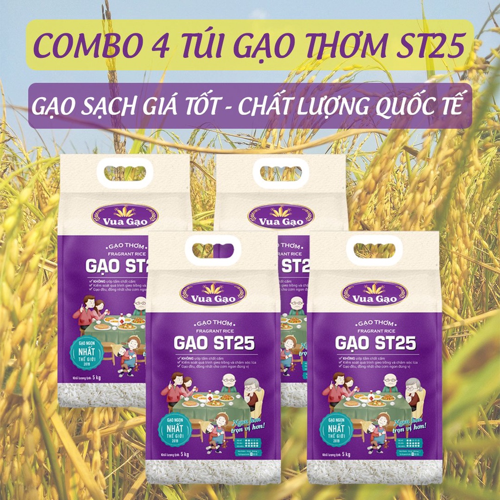 [MUA 3 TẶNG 25K] Combo 4 Túi Gạo ST25 5kg – Chính Hãng Vua Gạo – Gạo Thơm Ngon, Dẻo Nhiều, Vị Đậm Đà – Top 1 TG 2019