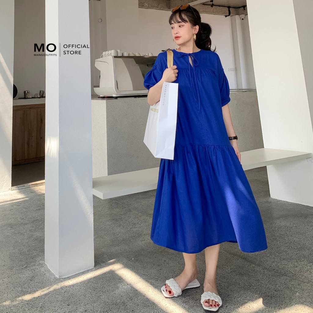 Váy suông cổ V phom rộng Mo Linen Blue