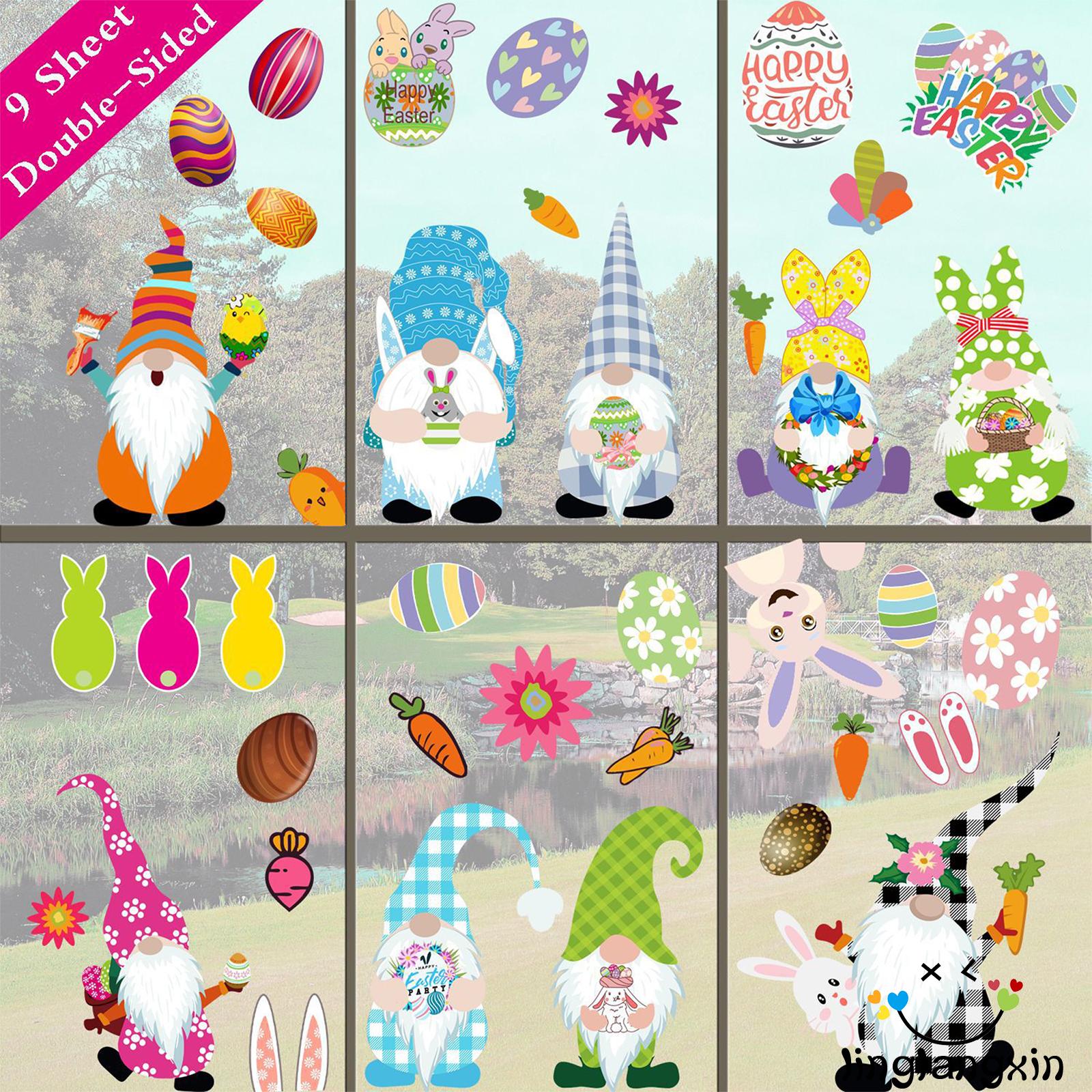 LLX-Easter Window Clings, Cute Gnome Bunny Easter Eggs Carrot Floral Window Decals Stickers