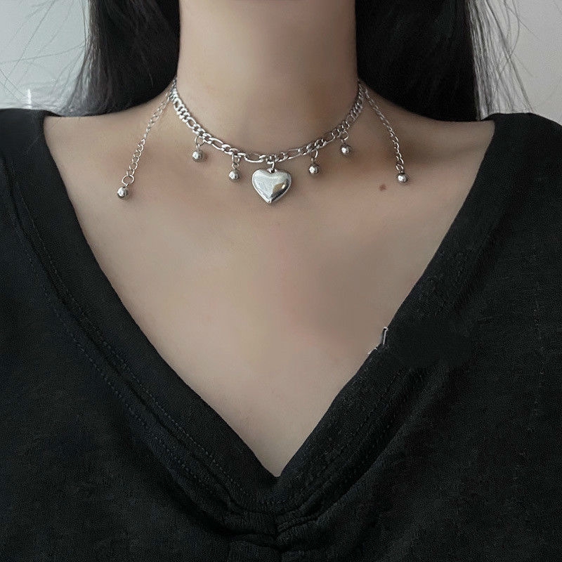 Vòng cổ choker bằng thép titan không phai màu mặt hình trái tim phong cách cá tính 22514