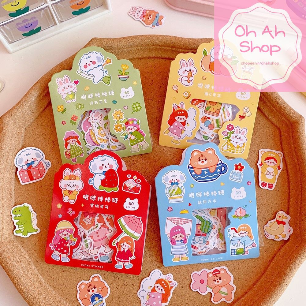 Bộ 60 sticker hình gấu thỏ và cô gái xinh xắn trang trí sổ nhật ký siêu xinh