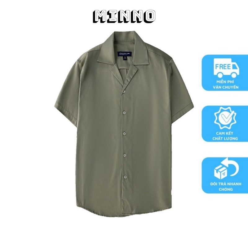 Áo sơ mi đen MINNO cổ Vest ngắn tay form rộng unisex nam nữ vải lụa SM01