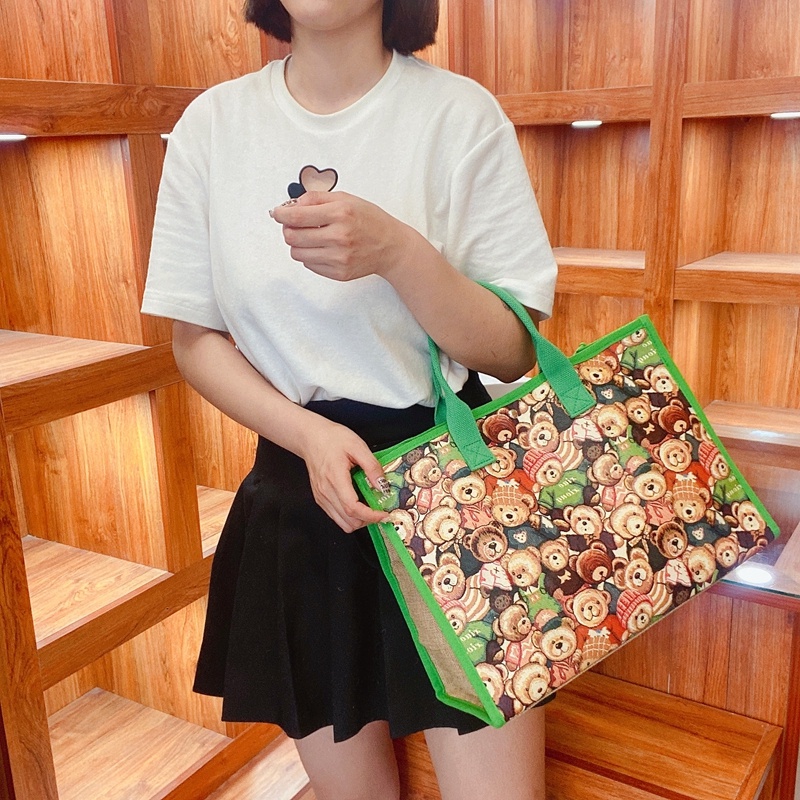 Túi Tote Đựng Mỹ Phẩm Có Khóa Kéo Họa Tiết Gấu Hoạt Hình Xinh Xắn