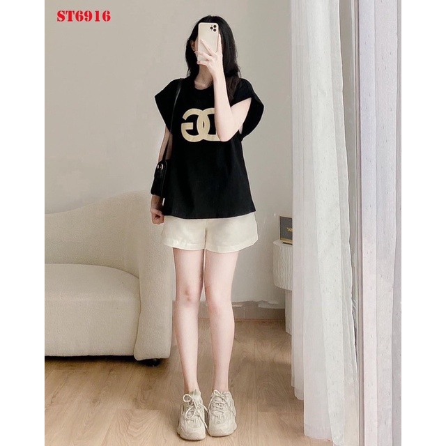 Áo phông nữ DG đen thêu chữ chất siêu đẹp