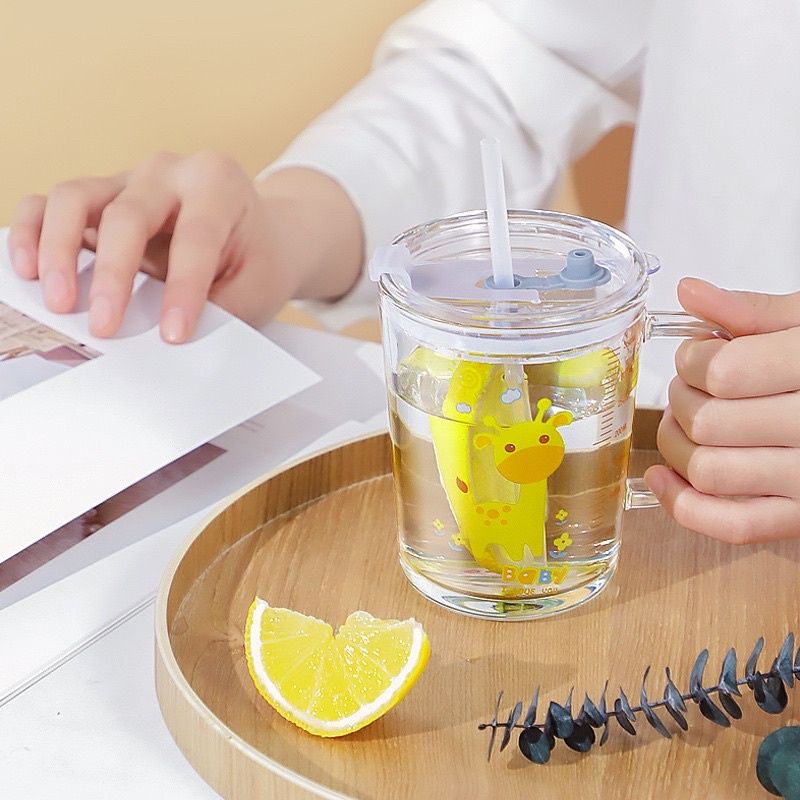 Cốc Pha Sữa Thủy Tinh Chia Vạch Có Nắp Và Ống Hút Cho Bé