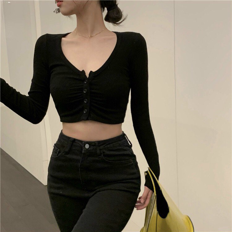 Áo Croptop Thun Gân Tay Dài Nút