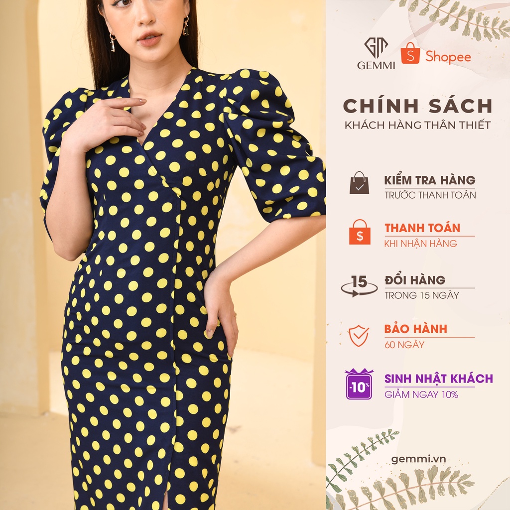 Váy nữ ôm dáng thiết kế cổ V tay bồng chấm bi Gemmi fashion, DK8450