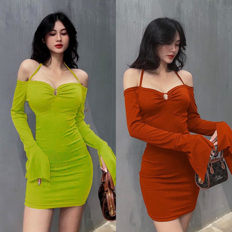 Đầm body gân tay loe xẻ phối khoen