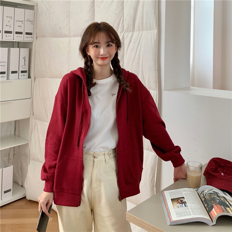 SUXI Áo Hoodie Tay Dài Dáng Rộng Màu Sắc Đơn Giản Cho Nữ
