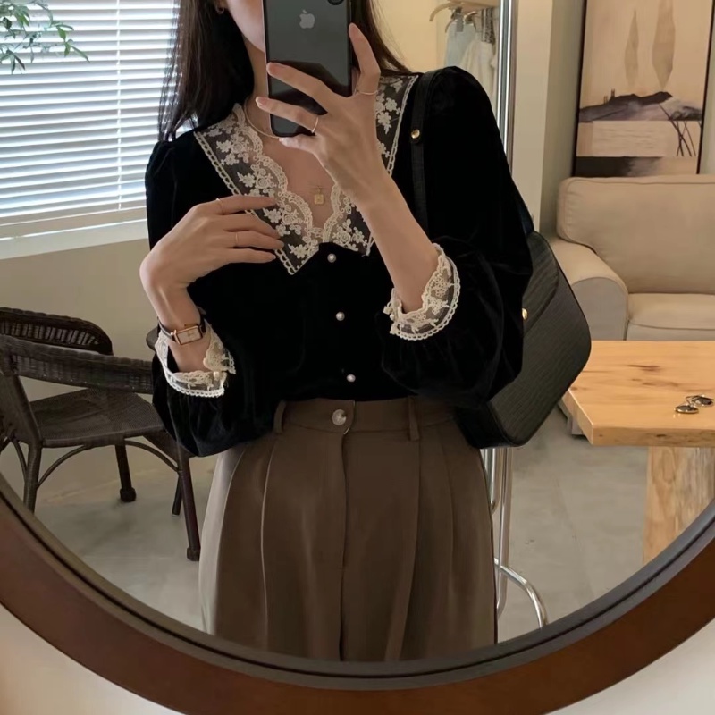 Áo sơ mi nhung tay dài phối ren thời trang thanh lịch dành cho nữ