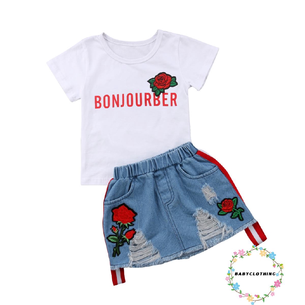 ღWSVღNewborn Kid Baby Girl Cotton Tops T-shirt Floral Skirts Denim Dress Outfit