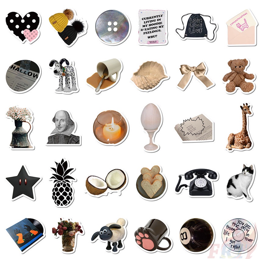 ❉ Set 04 Sticker Dán Trang Trí Màu Trắng Đen Phong Cách Bắc Âu Cổ Điển ❉ Bộ 60 Sticker Chống Thấm Nước Họa Tiết Doodle Hợp Thời Trang