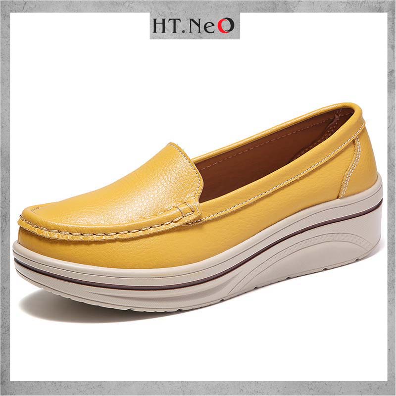 Giày nữ da bò thật HT.NeO , Giày nữ da trơn đế bằng tăng chiều cao 5cm dáng thể thao êm mềm phong cách 4 màu GDN02