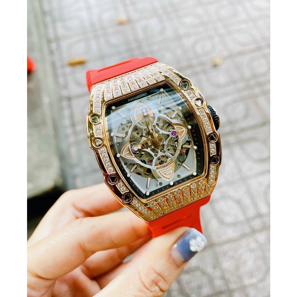 Cặp Đôi - Đồng Hồ Nam Nữ Hanboro Nam Máy Automatic, Nữ Máy Pin , Dây Cao Su , Size 36mm/48mm FULLBOX