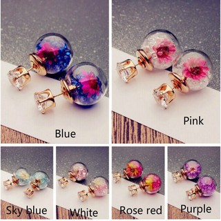 Bông tai đinh tán mặt hình quả cầu pha lê ép hoa khô màu sắc dễ thương