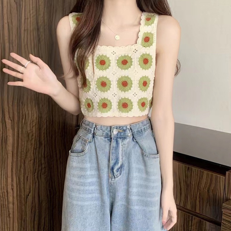 Áo 2 dây nữ len móc hoạ tiết hoa cúc croptop hàng QC
