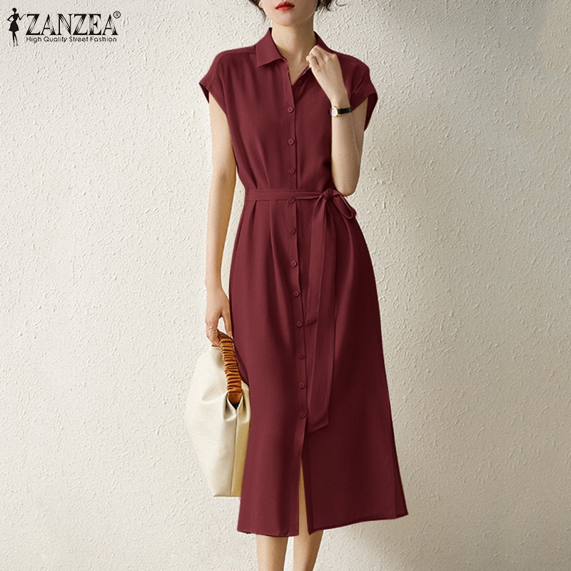 Đầm ZANZEA tay ngắn cổ bẻ xẻ tà thời trang dành cho nữ