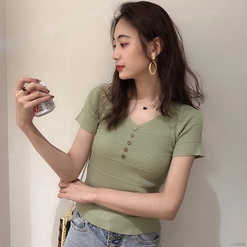 Áo dệt kim tay ngắn phối nút cổ chữ v thanh lịch hợp thời trang