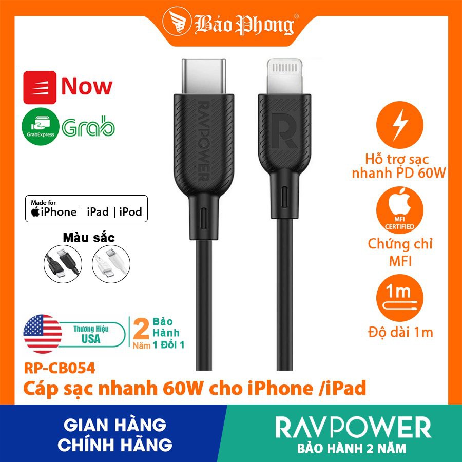 Dây Cáp sạc nhanh RAVPower Type C to Lightning MFI RP-CB054 cho iPhone iPad IP 6 7 8 Plus 10 11 12 Pro max x xs giá rẻ